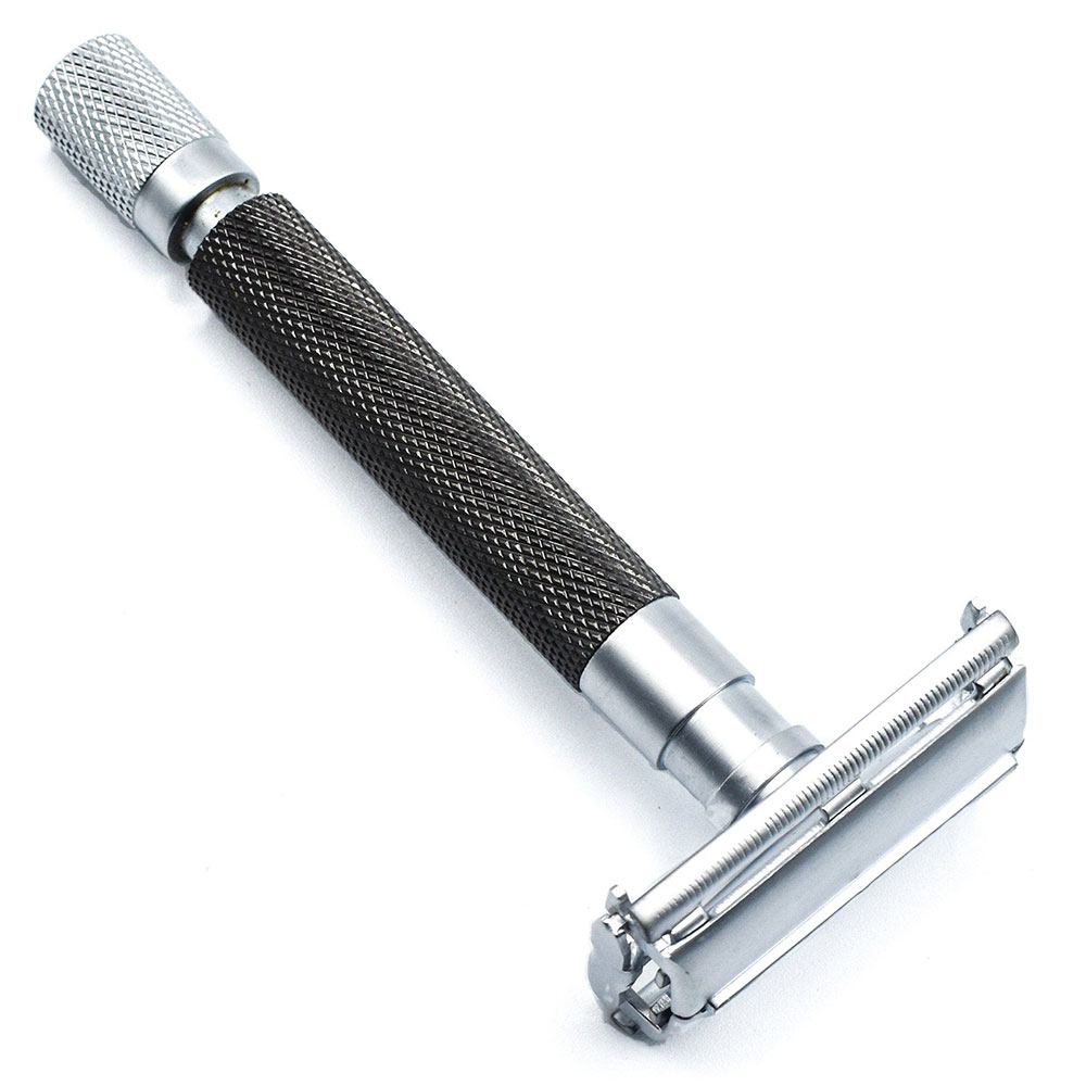 Graphite Satin Chrome Textured Heavy Weight Butterfly Open Safety Razor